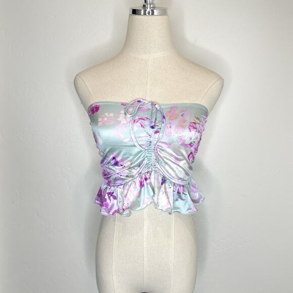 By Anthropologie Strapless Ruffled Bandeau Top Womens Small Satin Blue Pink - Picture 1 of 8
